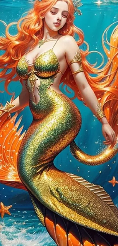 Fantasy artwork of a stunning mermaid with vibrant orange tail.