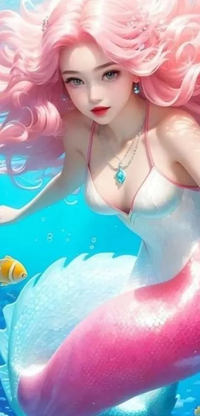 Mermaid fantasy art wallpaper with pink hair and blue ocean background.