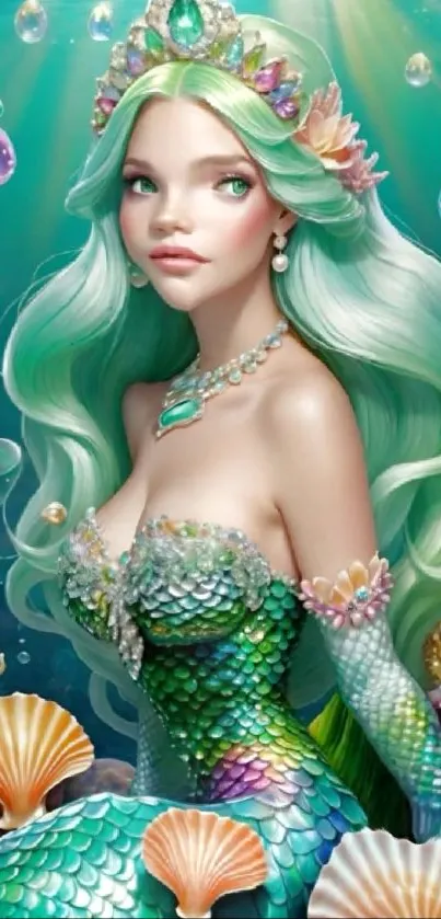 A detailed fantasy art of a mermaid with teal and green colors, surrounded by bubbles.