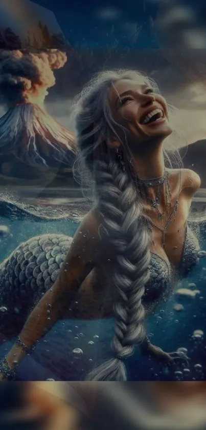 Mermaid with a volcano backdrop in fantasy art.