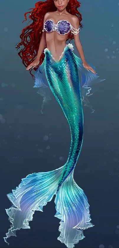 Enchanting mermaid with teal fish tail in fantasy underwater scene.