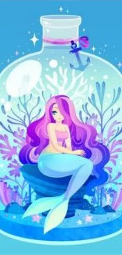 Enchanting mermaid resting inside a decorative bottle with oceanic pastel hues.