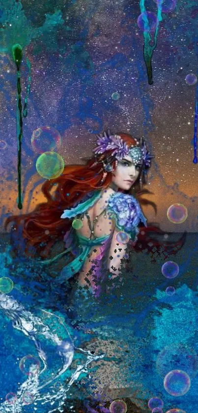 Enchanting mermaid amidst vibrant oceanic hues in a fantasy wallpaper.