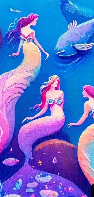 Colorful mermaid and ocean creatures wallpaper scene.