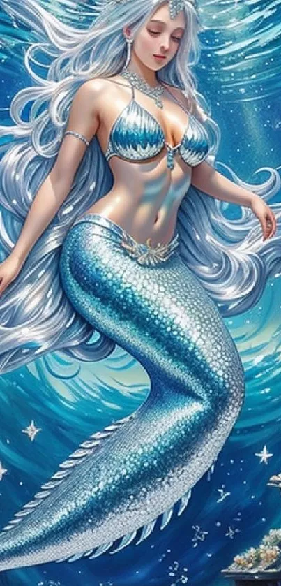 Enchanting mermaid with flowing hair swims in a vibrant ocean backdrop.