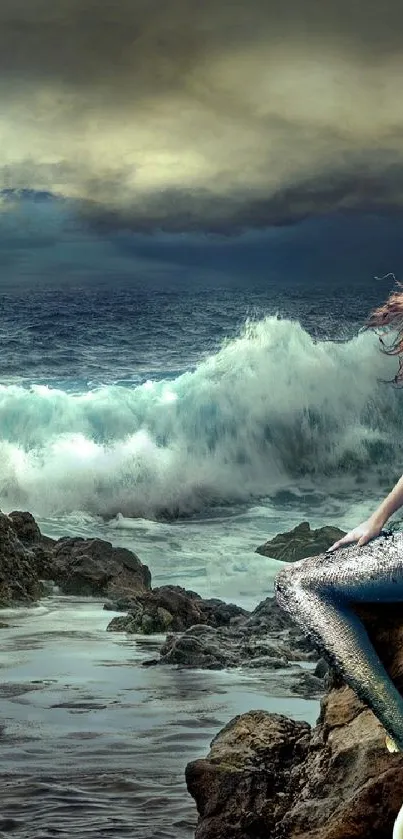 Mermaid on rocky shore with stormy ocean backdrop.