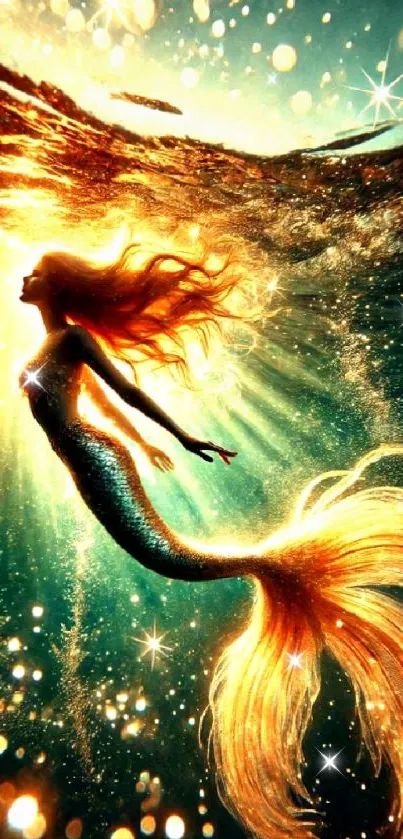 Golden-haired mermaid swimming in sparkling, sunlit water.