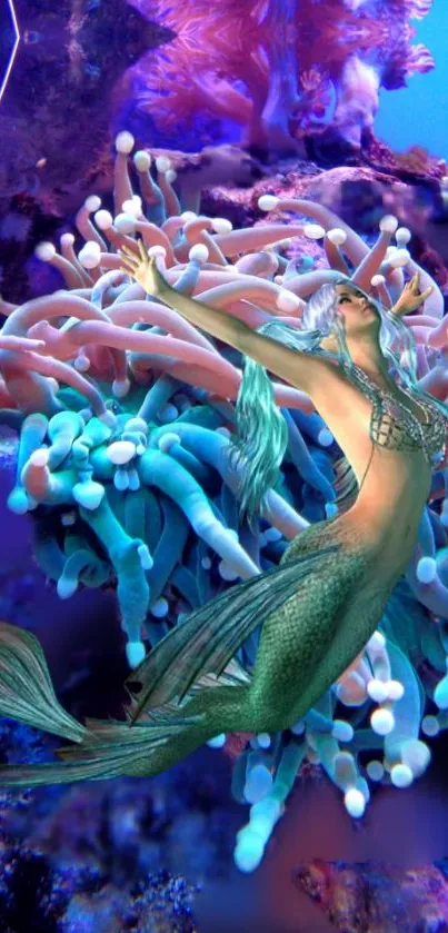 Mermaid amidst vibrant coral and marine life underwater.