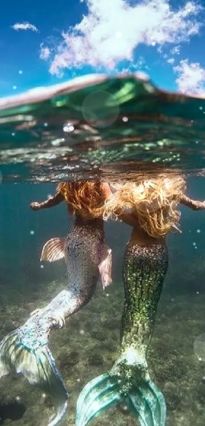 Two mermaids swimming gracefully underwater in a sunlit ocean view.