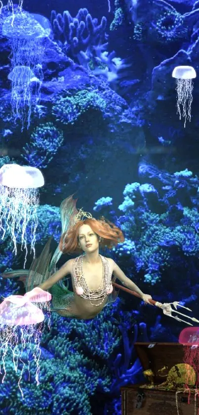 Mermaid swimming with jellyfish in a blue underwater scene.