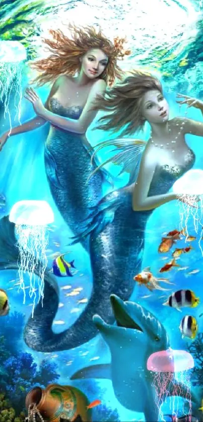 Enchanting mermaids swim with colorful fish in a vibrant underwater ocean scene.