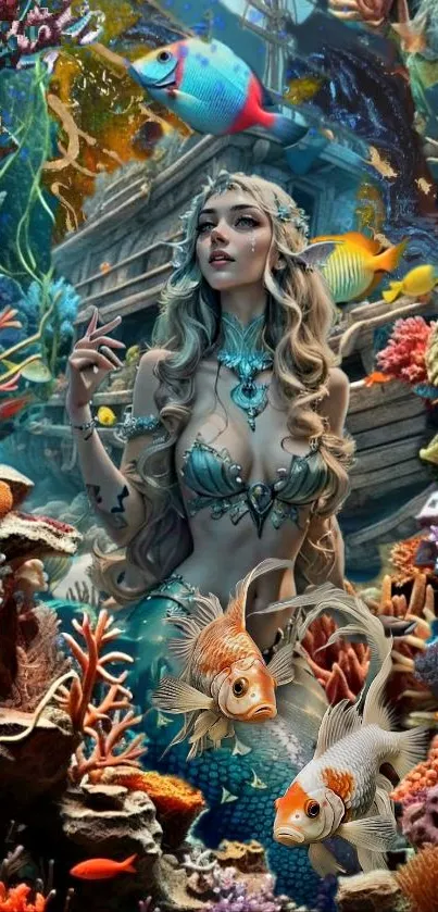 Mermaid in colorful coral reef with fish.