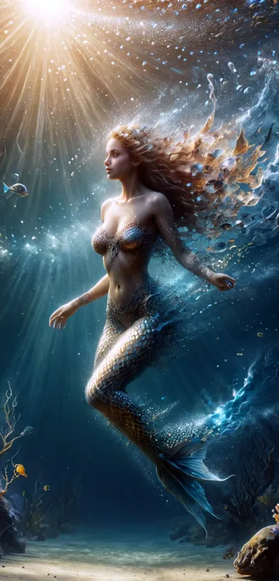 Enchanting mermaid with sunlit ocean background.