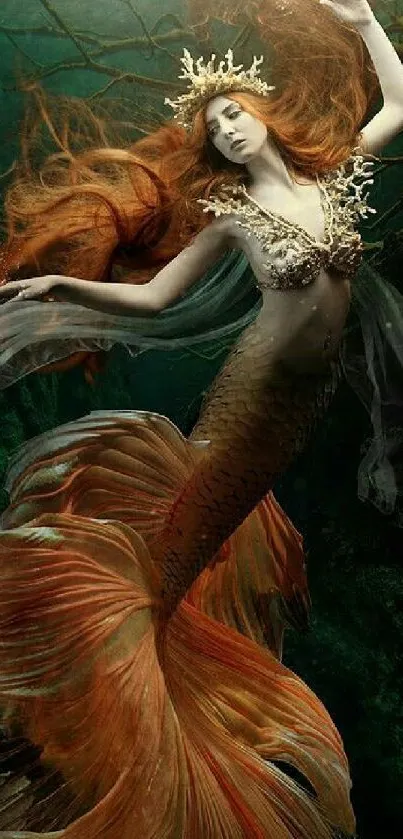 Ethereal mermaid in a mystical underwater scene with flowing hair and vibrant tail.