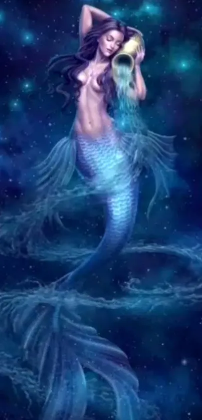 Mystical mermaid in a blue oceanic scene with celestial surroundings.