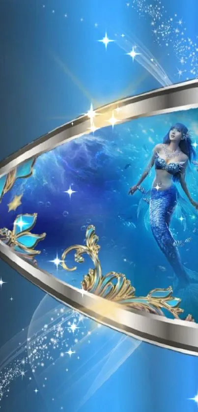 Enchanting mermaid in ocean scene with blue tones.