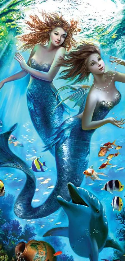 Mermaids swim with dolphins and fish in a vibrant ocean scene.