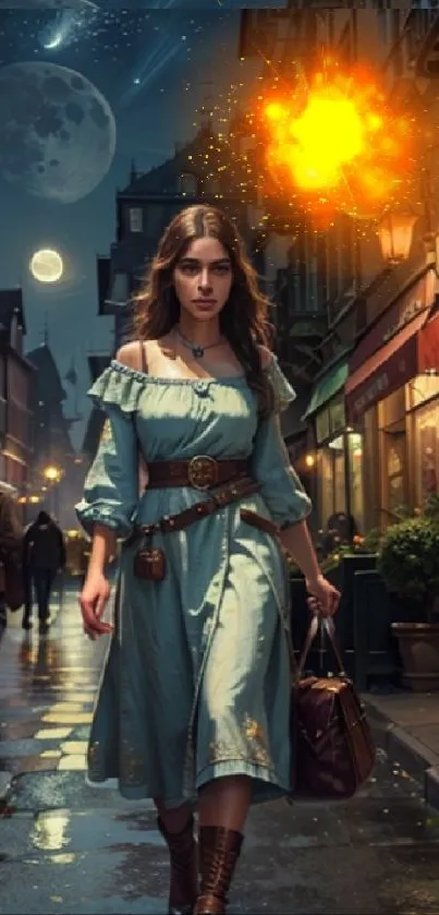 Woman strolling on a fantasy city street under the night sky with moonlight.