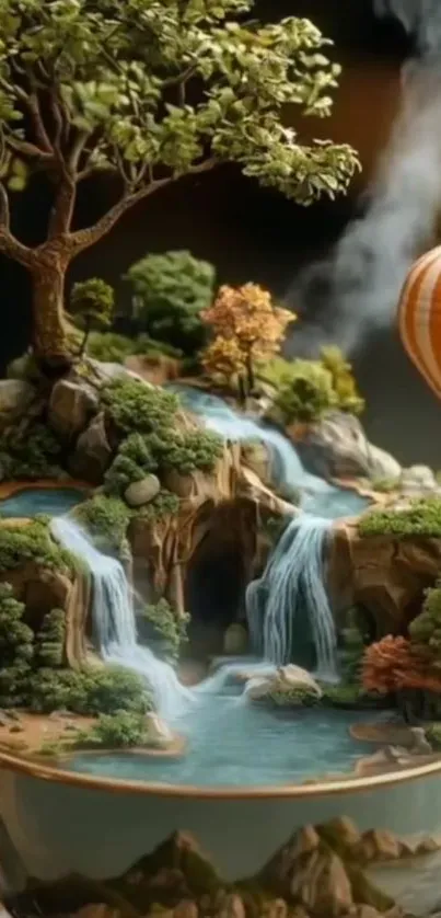 Miniature landscape with waterfalls and hot air balloon.