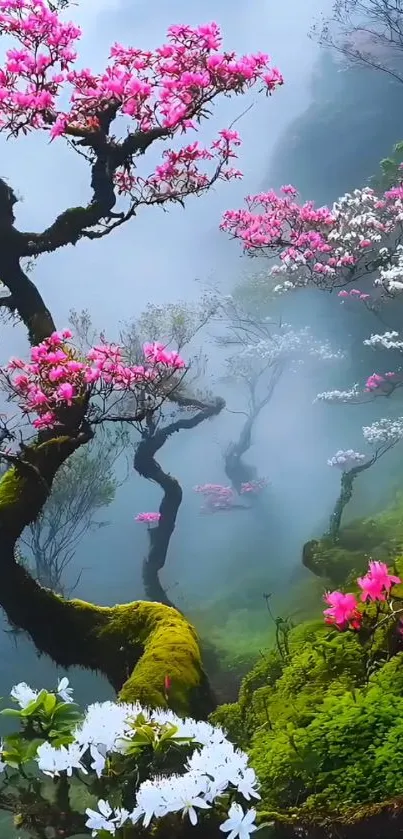 Misty landscape with vibrant blooming trees.