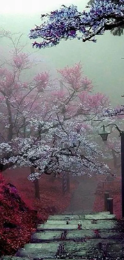 Misty forest path with pink and purple blossoms, creating a serene atmosphere.