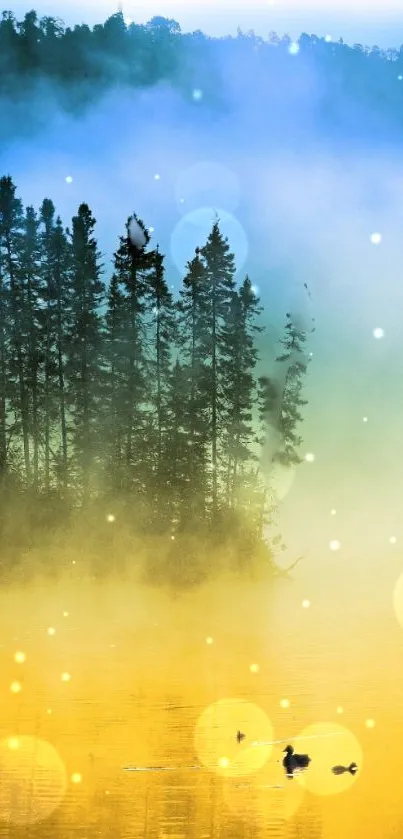 Misty lake with silhouetted trees under a colorful sky.