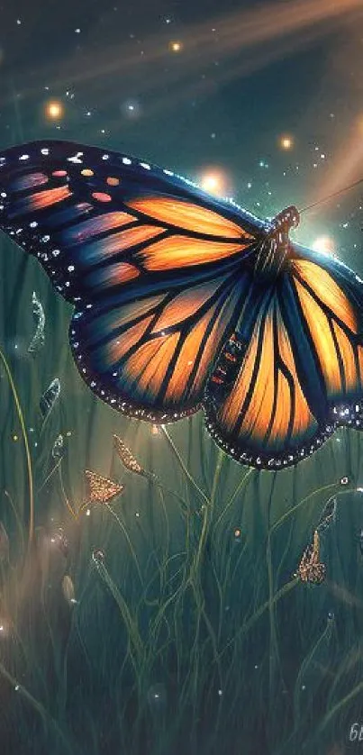 Enchanting artwork of a monarch butterfly glowing in a dark, whimsical setting.