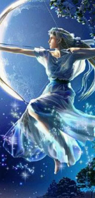 Enchanting archer with bow under moonlit sky fantasy wallpaper.