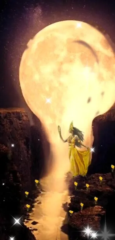 Mystical woman in yellow dress by a glowing moon sculpture.