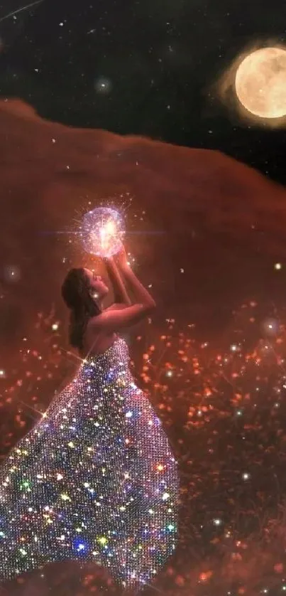 Woman holding a sparkling orb under a glowing moon in a fantasy night scene.