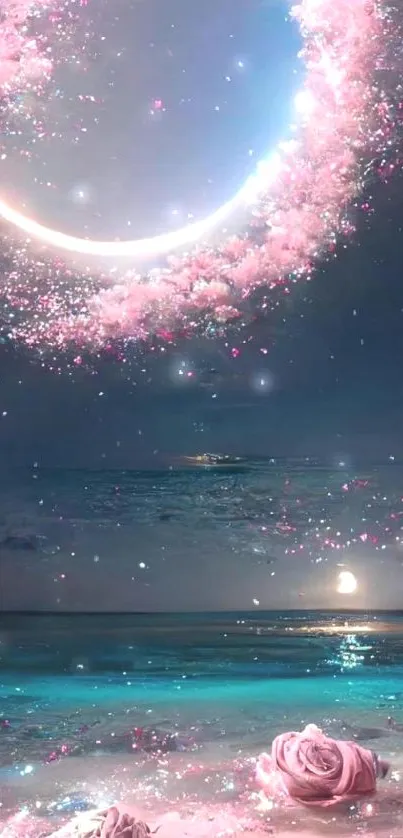 Mesmerizing fantasy with a moonlit beach and pink roses under a starry sky.