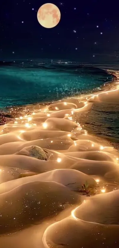 Enchanting moonlit beach pathway with glowing lights and serene ocean.