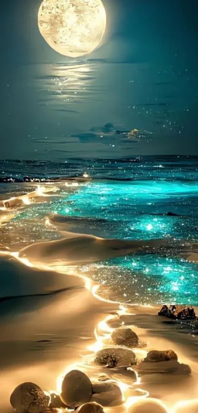 Moonlit path on beach with glowing sand and blue water.