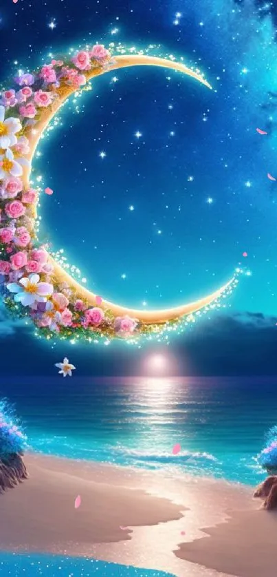 Magical crescent moon over a serene starry beach with flowers and ocean view.