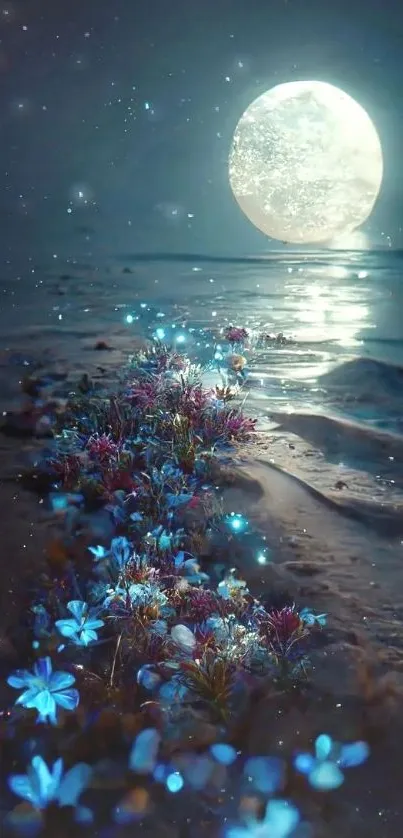 Moonlit beach with glowing flowers at night, creating a serene and enchanting scene.