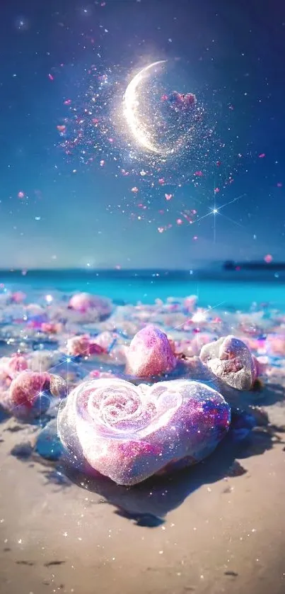 Magical moonlit beach with seashells and sparkling night sky.