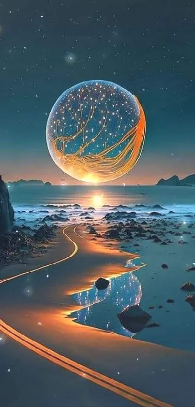 Moonlit beach landscape with glowing cosmic orb and ocean reflections.