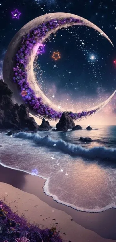 Magical night beach with crescent moon and purple flowers under starry sky.