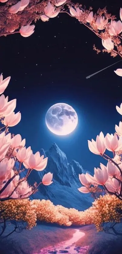 A dreamy moonlit path surrounded by blossoming trees under a starlit sky.