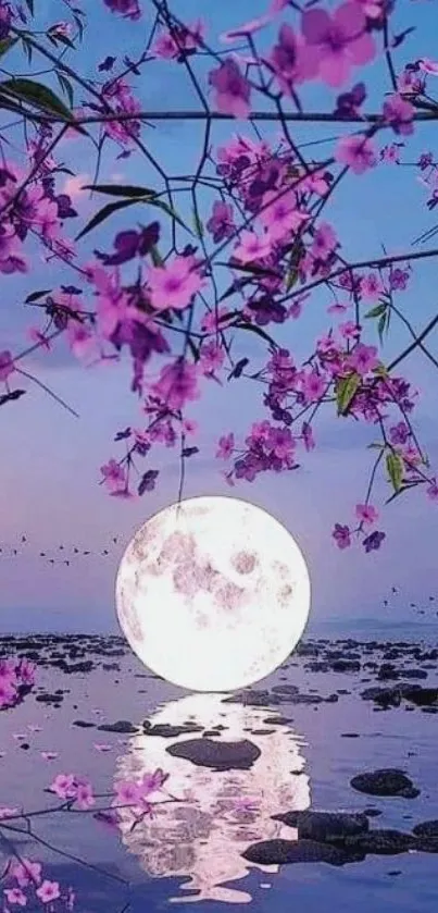 Moonlit night with purple blossoms reflecting on water.