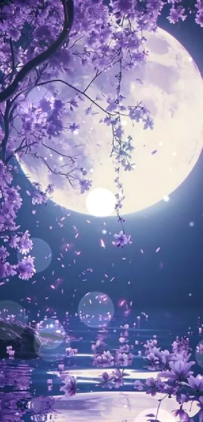 Purple blossom with moonlit reflection on tranquil water.