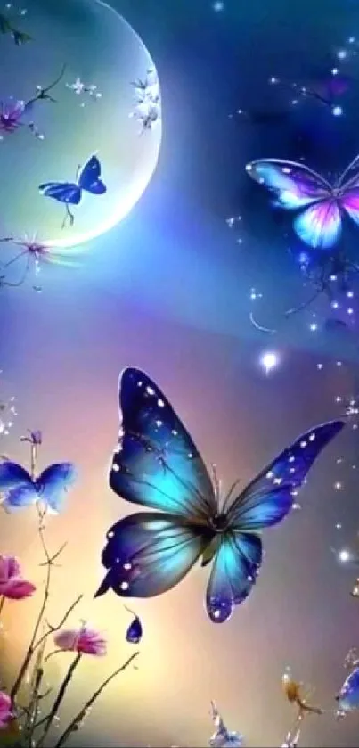 Moonlit scene with vibrant butterflies fluttering among flowers.