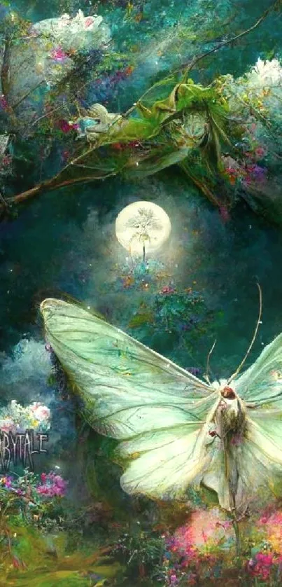 Ethereal moonlit forest with butterfly and floral theme for mobile wallpaper.