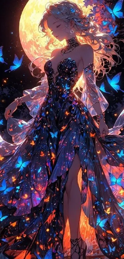 Artistic woman with butterflies under moonlight, elegant and dreamy wallpaper.