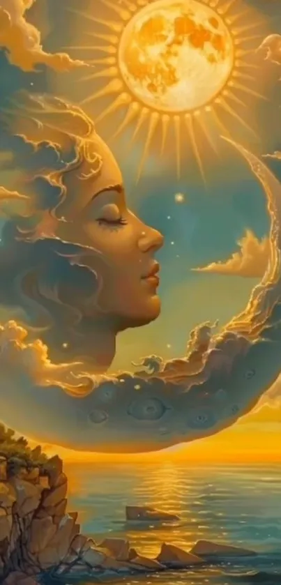 Surreal artwork of a serene face in the crescent moon against a vibrant sky.