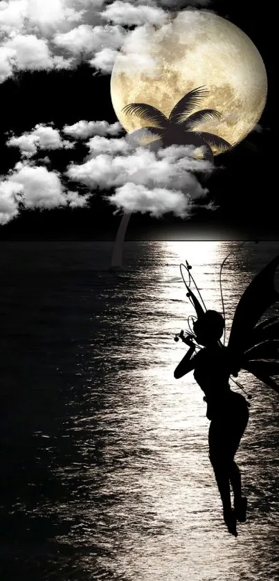 Mystical fairy silhouette with moonlit sky.