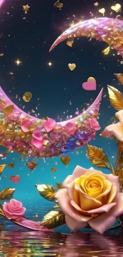 Sparkling crescent moon with roses and gold accents on a night sky.
