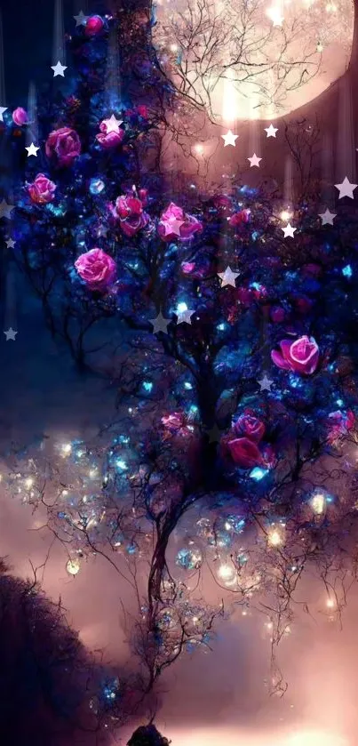 Moonlit wallpaper with glowing stars and roses in purple hues.