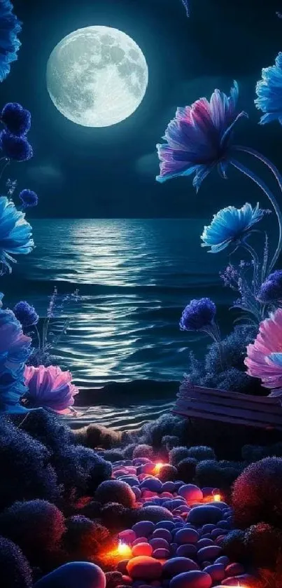 Moonlit floral scene with glowing ocean and vibrant flowers.