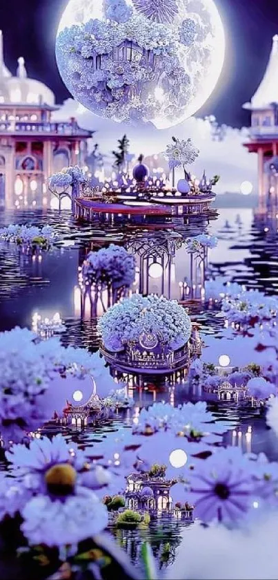 Moonlit fantasy garden with purple flowers reflecting over tranquil water.